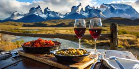 Naklejka premium Traditional Chilean food served with glasses of red wine on an outdoor table overlooking the dramatic peaks of Torres del Paine