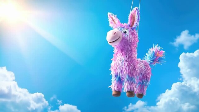 Colorful donkey pinata hanging against clear blue sky with sunflare. Cinco de Mayo, Battle of Puebla Day, Mexican Heritage Festival - Latin American Cultural Celebration