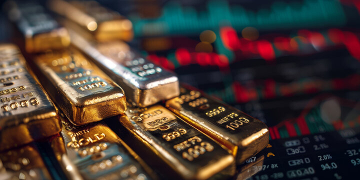 Gold and silver bullion bars stacked on a reflective surface with a blurred financial trading chart in the background. Investment, precious metals, wealth preservation, and market volatility concept