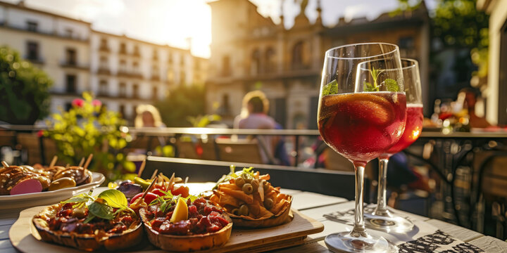 Assorted tapas and glasses of red wine served on a sunny outdoor terrace in a historic European city.