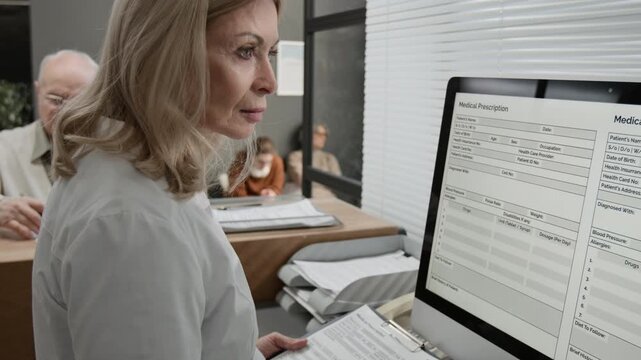 Tilt up medium close up of mature female receptionist working with patients records on desktop computer, senior man filling in medical form in background