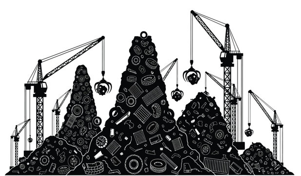 An intricate black and white illustration depicts a landscape of scrap metal and tires dominated by construction cranes presented as a silhouette high quality