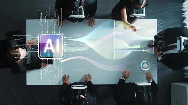 A modern business team engages in collaboration on artificial intelligence solutions using virtual reality technology, showcasing innovative approaches in a conference room. Raster