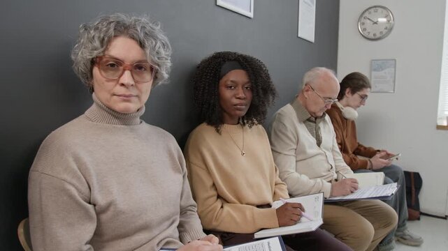 Mature Caucasian and young Black women looking at camera while sitting in line in hospital waiting area, senior man and teenage boy signing document and scrolling phone in background