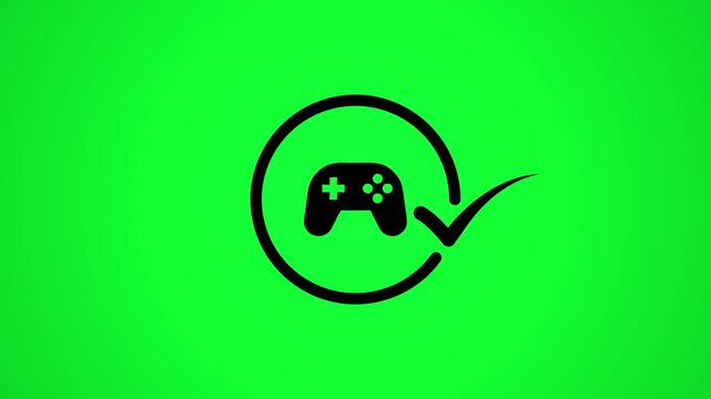 Video game controller icon with loading circle and check mark animation on green screen background.