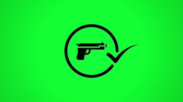 A motion graphic animation of handgun with an approved check mark sign indicating legal firearm ownership or safe handling.