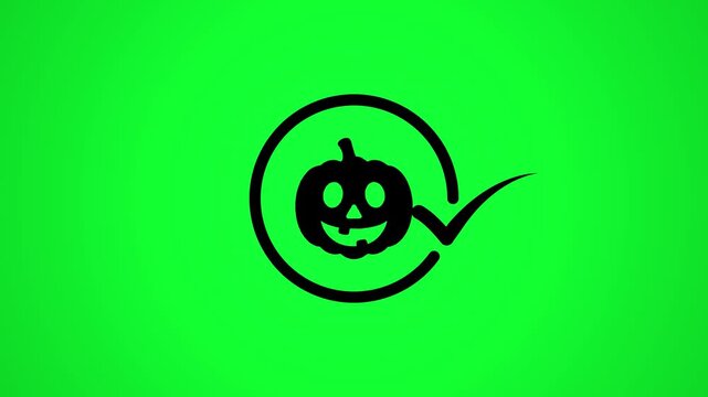 Animated halloween pumpkin logo appearing in circle on green screen background with check mark motion.
