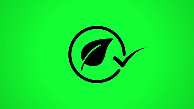 Animated eco friendly leaf symbol with check mark in circle on green screen background motion graphic.