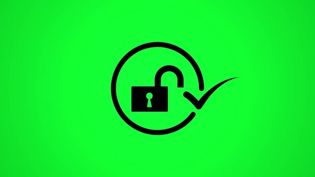 Minimalist padlock icon with check mark symbol animation on green screen background representing security unlock.