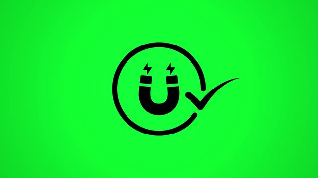 Animated icon of a magnet with lightning bolts and checkmark appearing on green screen background.