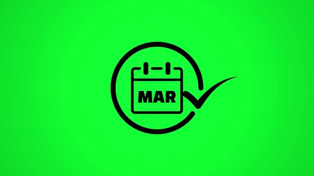 Calendar icon with checkmark on green screen motion background, March date reminder.