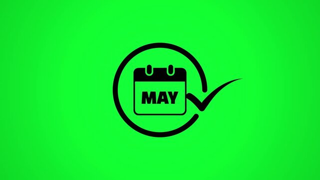 Calendar icon with month May and checkmark symbol appearing on green screen background, motion graphics.