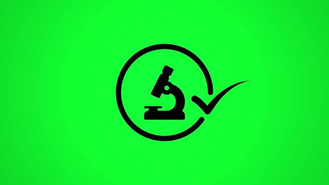 Scientific research icon animation with microscope and checkmark on green screen background.