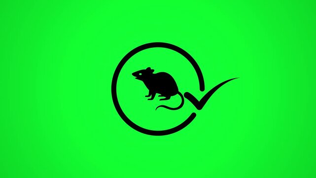 Silhouette of rat inside circle animation with check mark appearing on green background.