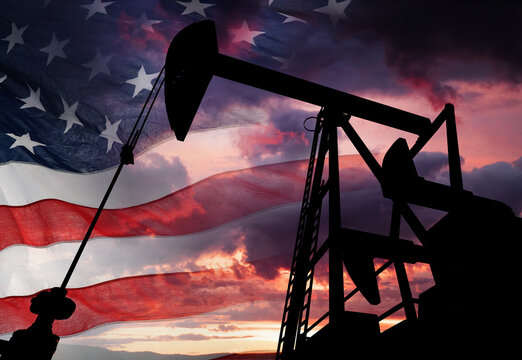 Oil and Energy Industry. Oill pump at sunset, and American flag, 3d animation.
