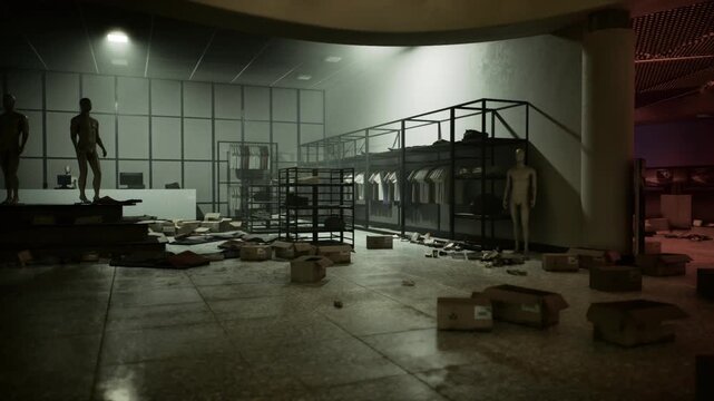 Renovation backroom with scattered boxes and empty hangers, raised platforms and industrial scaffolding silhouette, curator role imagined rearranging displays,