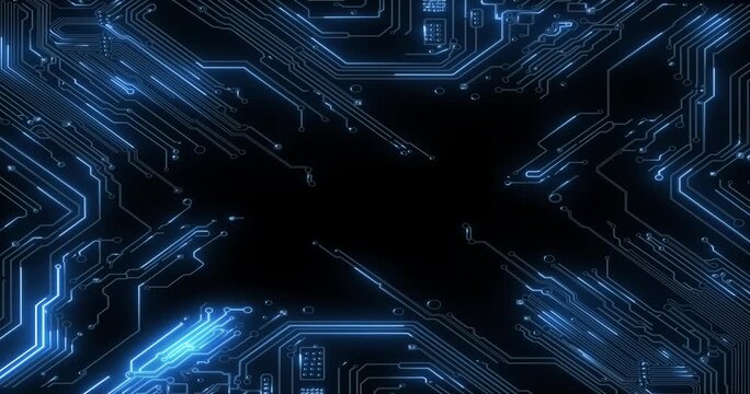 Intricate blue glowing circuit board patterns fill the frame on a black background, representing complex digital systems and technological advancement