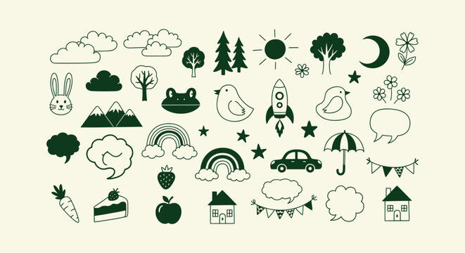 Hand drawn green doodle icon set with nature animals food and travel elements on cream background.