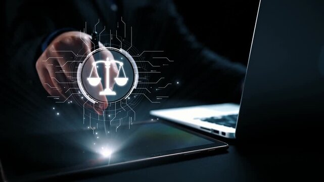 Futuristic digital law interface displaying justice scale, highlighting digital law, AI compliance, digital law systems, and digital law regulations for secure governance. Elide