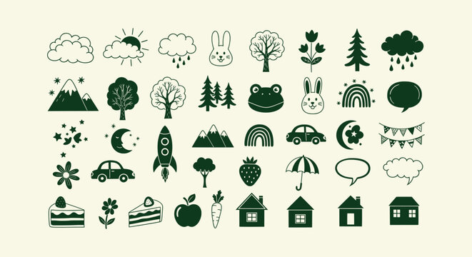 Hand Drawn Green Doodle Icon Collection with Nature Animals Houses Trees and Food Graphic Elements