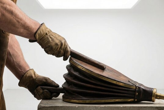 Blacksmith wearing leather gloves pumping an antique wooden and leather bellows to fan a forge fire