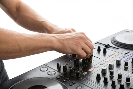 DJ hands adjusting the volume fader slider on a modern digital audio mixing controller deck
