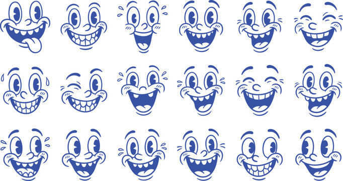 Retro 1930s rubber hose cartoon facial expressions set vintage comic vector