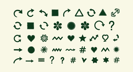 Fototapeta premium Set of hand drawn green vector arrows stars hearts and shapes isolated on light beige background.