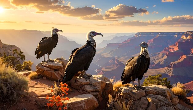 Three black vultures on a rocky cliff