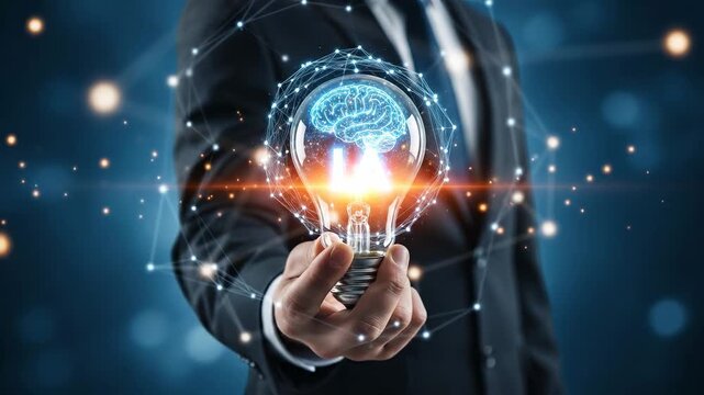 Concept d'intelligence artificielle (IA) : Mains d'un homme d'affaires tenant une ampoule lumineuse avec un cerveau num&eacute;rique brillant &agrave; l'int&eacute;rieur. Innovation technologique et nouvelle id&eacute;e