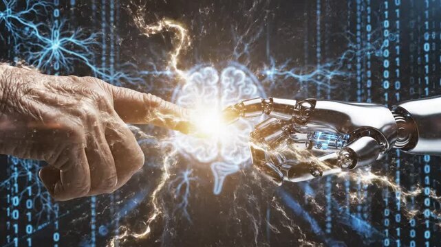 Human Hand and Robot Finger Touching with AI Technology and Big Data Network Background

