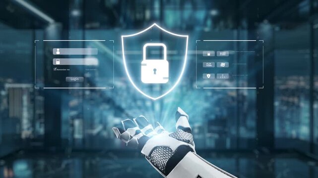 A robotic hand extends towards a glowing shield icon representing cybersecurity. This video captures the essence of modern technology and its role in data protection. Auvana