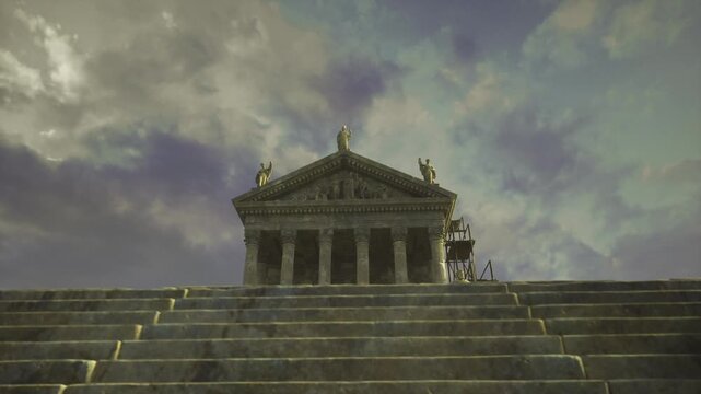 Stone temple steps at dawn, looming classical facade and silhouetted statues beneath brooding sky, cinematic light evokes ancient Carthage and solemn heritage