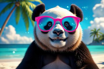 Fototapeta premium Portrait of panda bear animal pet on background summer sandy beach sea coast seascape AI Generative