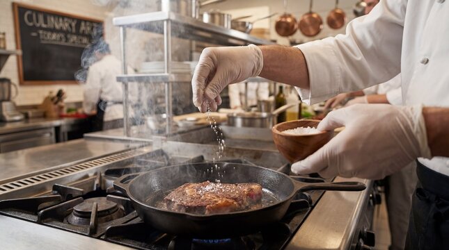 Professional chef in uniform sprinkling salt on a juicy beef steak frying on a cast iron pan in restaurant kitchen