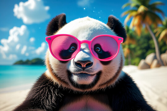 Portrait of panda bear animal pet on background summer sandy beach sea coast seascape AI Generative