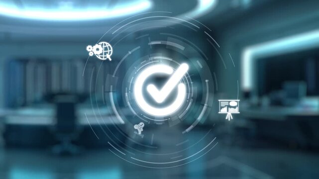 A robotic hand points at a glowing checkmark on a futuristic digital interface, symbolizing innovation in technology, data management, and automation in modern workspace environments. Auvana