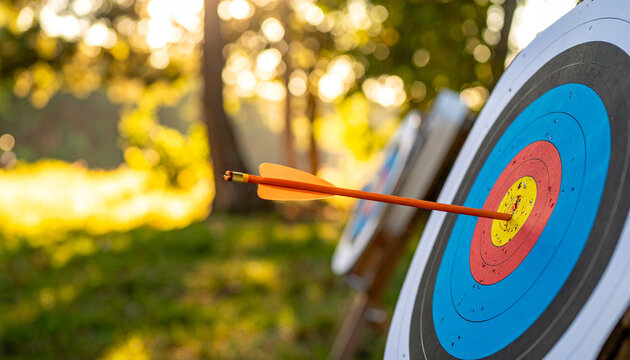 Arrow Hitting Bullseye on Outdoor Archery Target at Sunset AI Generated