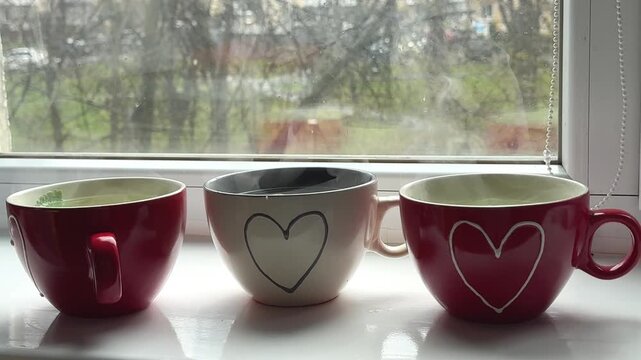 Three red and gray mugs with heart design filled with hot mint tea and lemon on windowsill. Steam rises, cozy seasonal moment for warmth and health. 