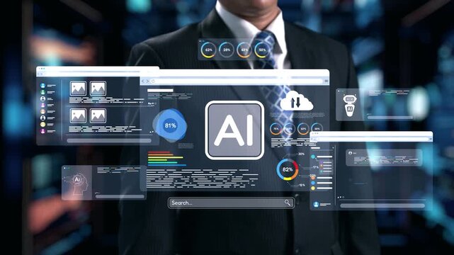 A business professional stands amidst an advanced AI data visualization interface, showcasing modern technology and data analytics in a dynamic digital workspace. Qubit