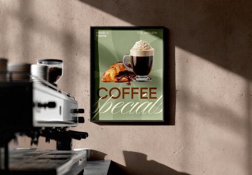 Coffee Poster Frame Mockup in Cafe Interior