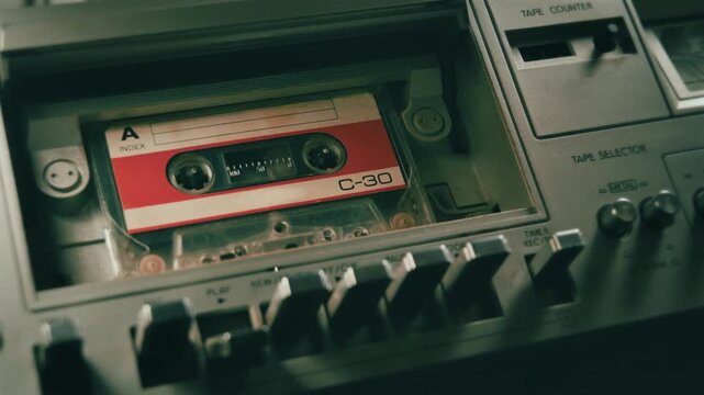 Cassette tape playing in a vintage player, close-up video loop. Audio playing in a vintage stereo deck, evoking nostalgia for retro music, and media entertainment
