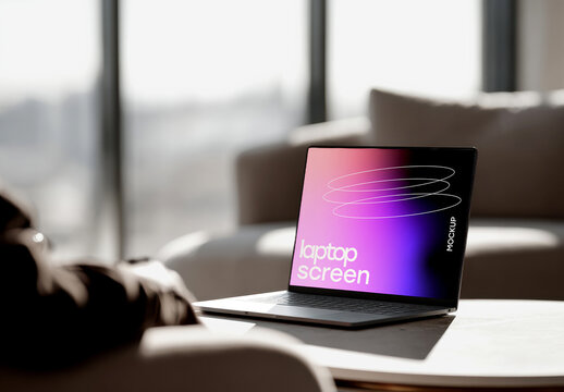 Laptop Screen Mockup on Table in Living Room