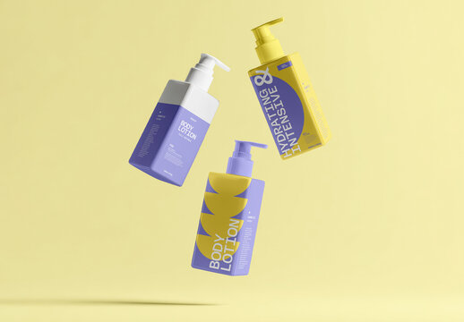 Floating Cosmetic Bottle Mockup Set with Pump Dispensers