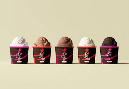 Ice Cream Cup Mockup Set with Multiple Flavors