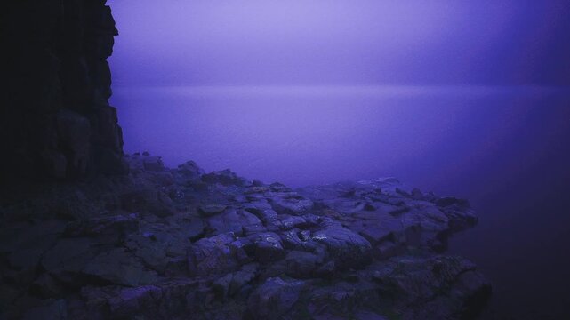 Midnight basalt ledge under violet haze, still ocean laps at pebbled foreground, high contrast cliff silhouette, cinematic grain and deep blue purple gradient,