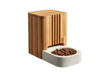 Plakat Automatic pet feeder dispensing dry food into a ceramic bowl, bamboo wood modern design for pets