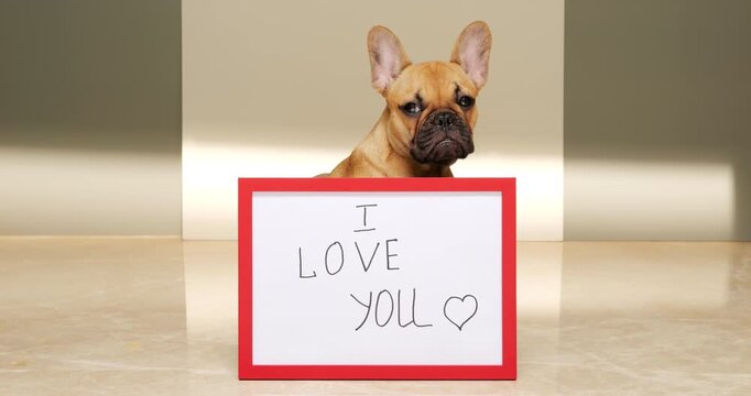 Shy French Bulldog puppy sits with placard saying "I love you" its heartfelt gaze and pouty expression radiating sweetness and innocence. Young dog turns its head towards us
