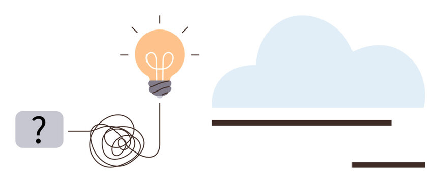 Creativity, innovation, problem-solving, brainstorming, solutions, challenges. A tangled line connects a question mark to a glowing light bulb and a cloud. Creativity and innovation concept