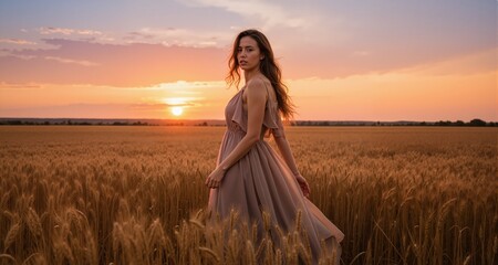 Naklejka premium woman in a dress standing in a wheat field during sunset 